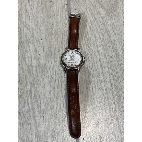 Men's NRA ILA Quartz Watch 36mm Round Gold Tone Brown Leather Band - Picture 2 of 4